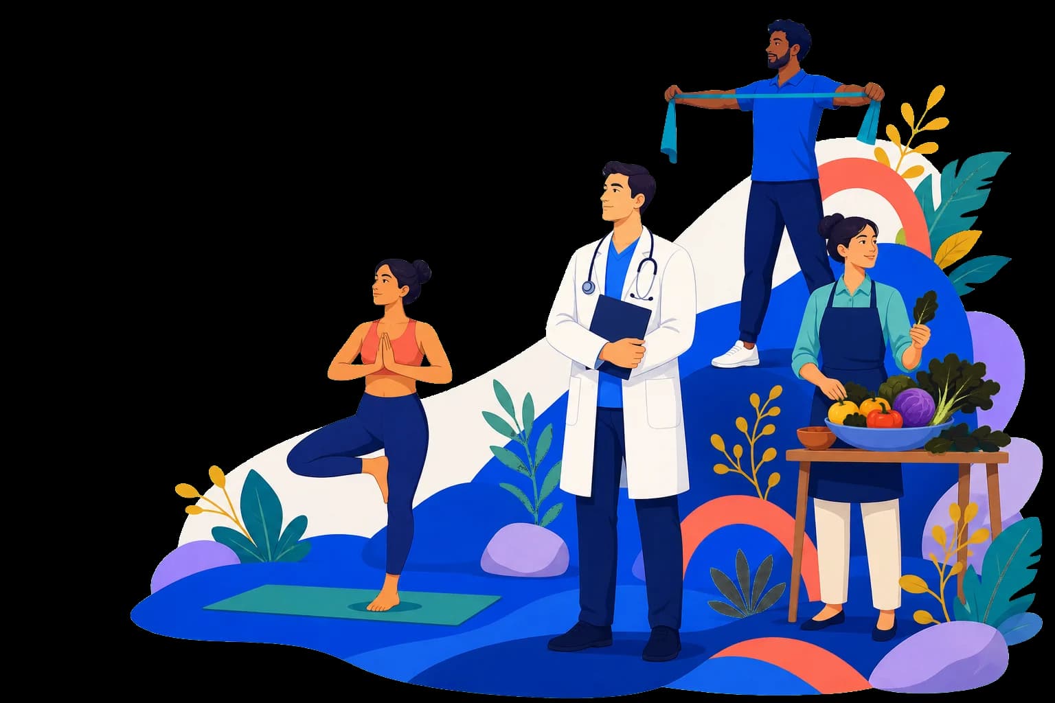 Professionisti della salute e del benessere: medico, insegnante di yoga, nutrizionista e fisioterapista